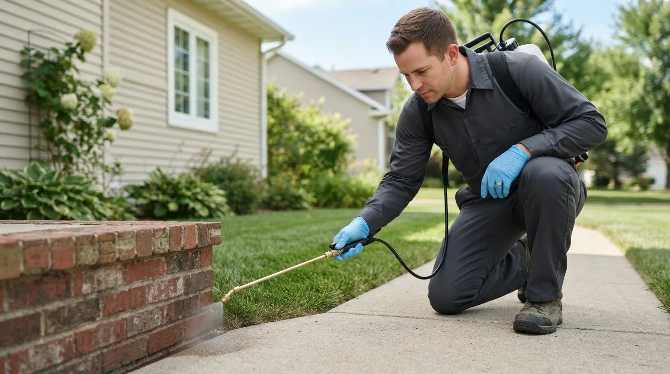 Pest control technician treating a home near State College, PA